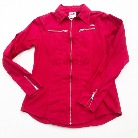 Harley-Davidson Tops - HARLEY-DAVIDSON women’s red zipper down LONG sleeve shirt top Size XS